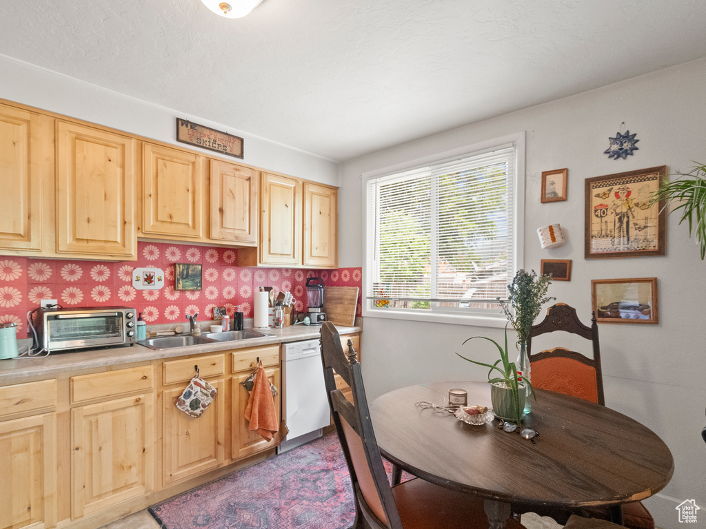 Kitchen featuring dishwasher, light brown cabinets, and light countertops
