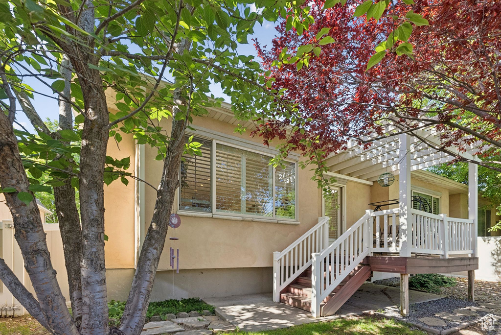 Rear view of property with stucco siding