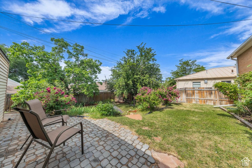 Fenced backyard with a patio