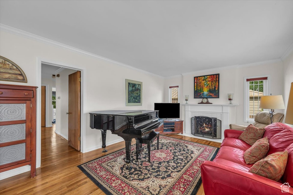 Living area with ornamental molding, light wood finished floors, and a fireplace with flush hearth