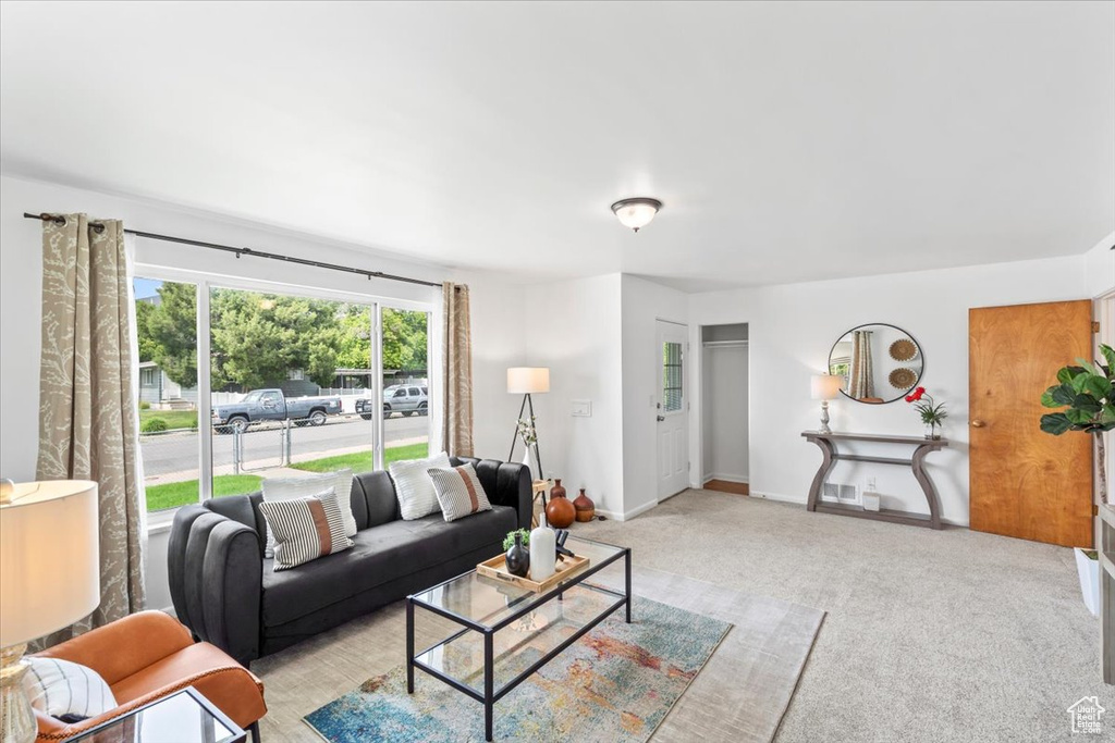 Carpeted living area with baseboards