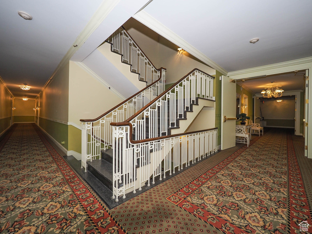 Stairway featuring carpet, crown molding, and a chandelier