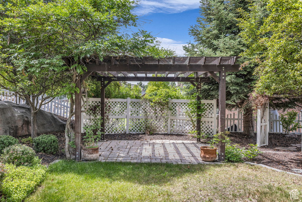 View of yard featuring a pergola and a patio area