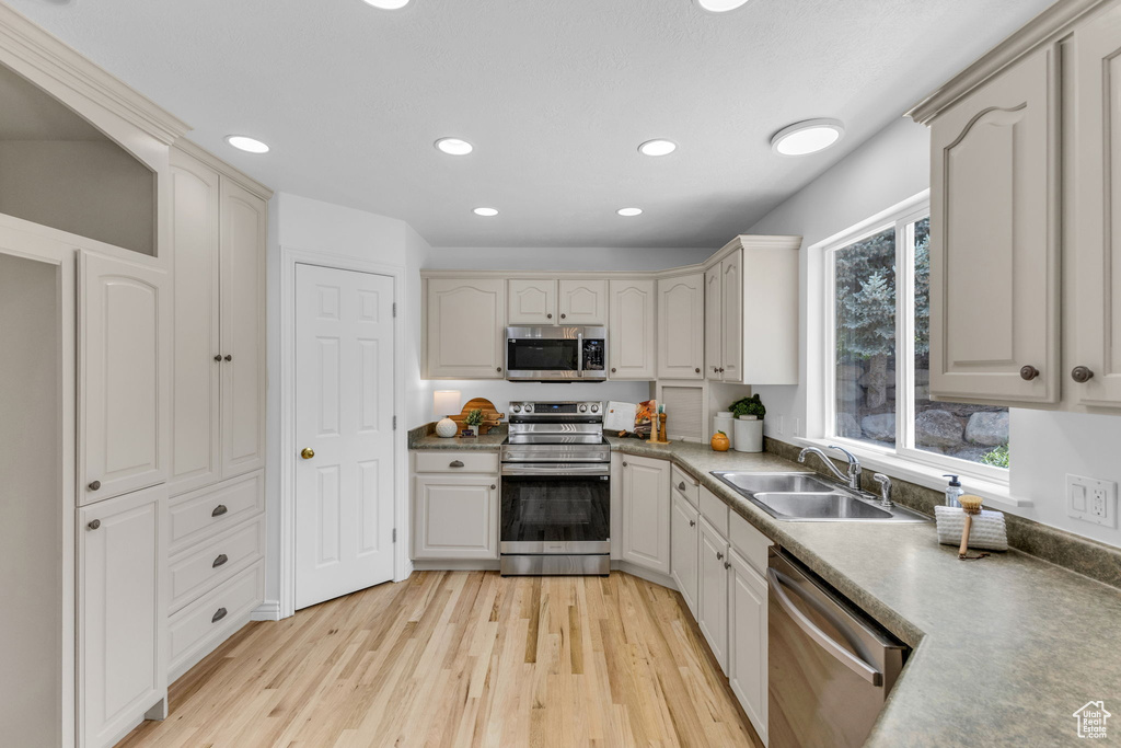 Kitchen with stainless steel appliances, light wood-style flooring, and recessed lighting