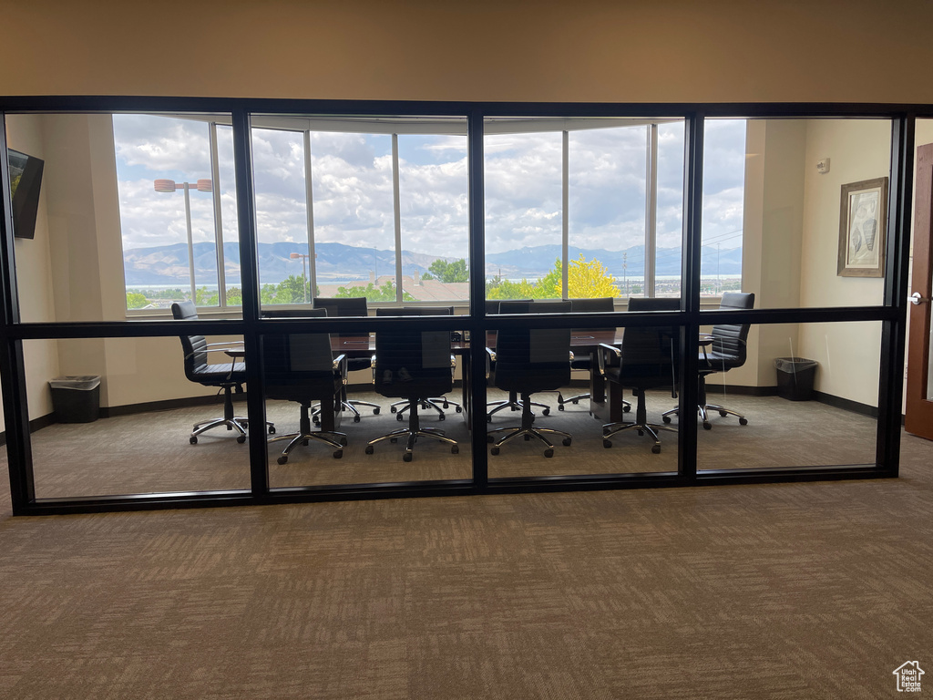 Carpeted office with a mountain view and plenty of natural light