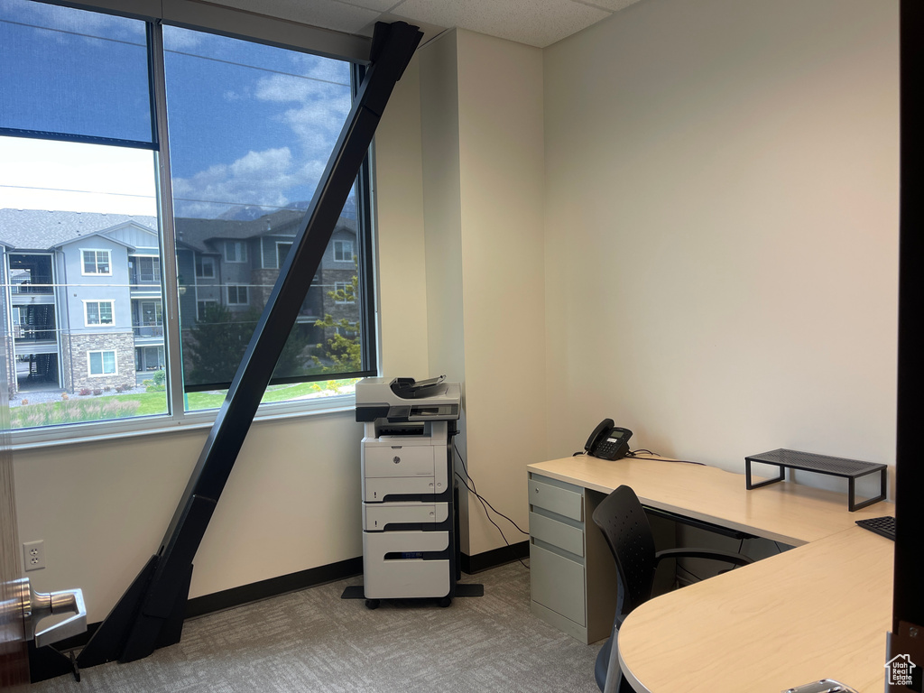 Office space with light carpet and baseboards