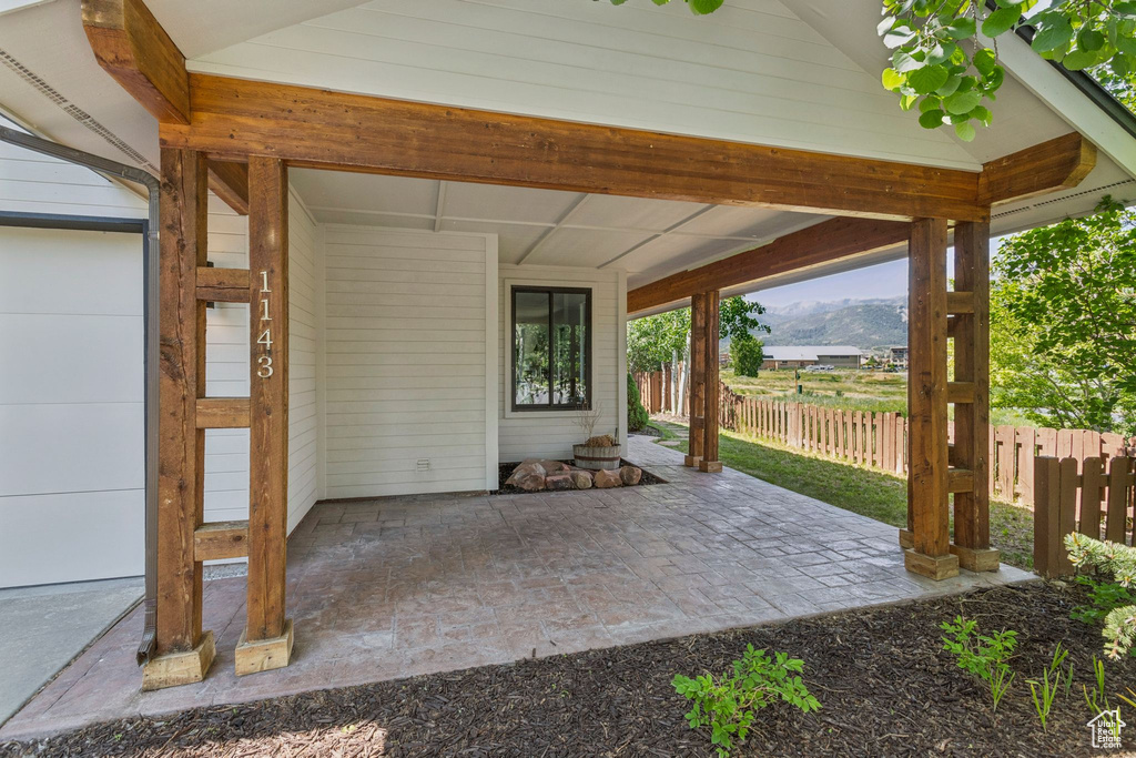 View of patio featuring a mountain view
