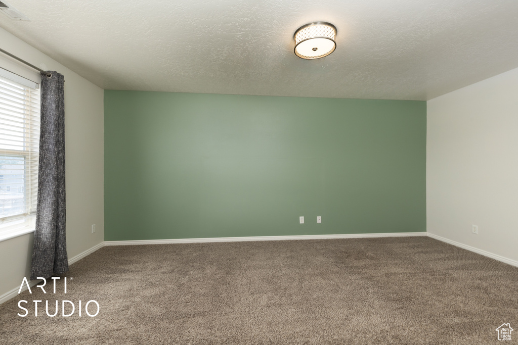 Unfurnished room with carpet floors and a textured ceiling
