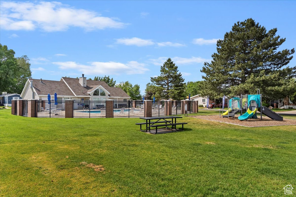 Community play area with a community pool