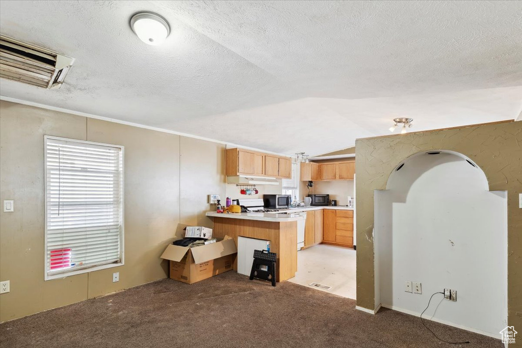 Kitchen featuring a peninsula, black microwave, stainless steel microwave, lofted ceiling, and light brown cabinetry