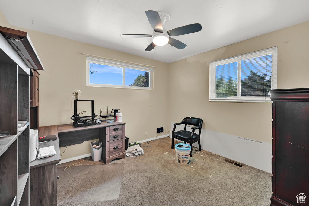 Office space with a ceiling fan and carpet