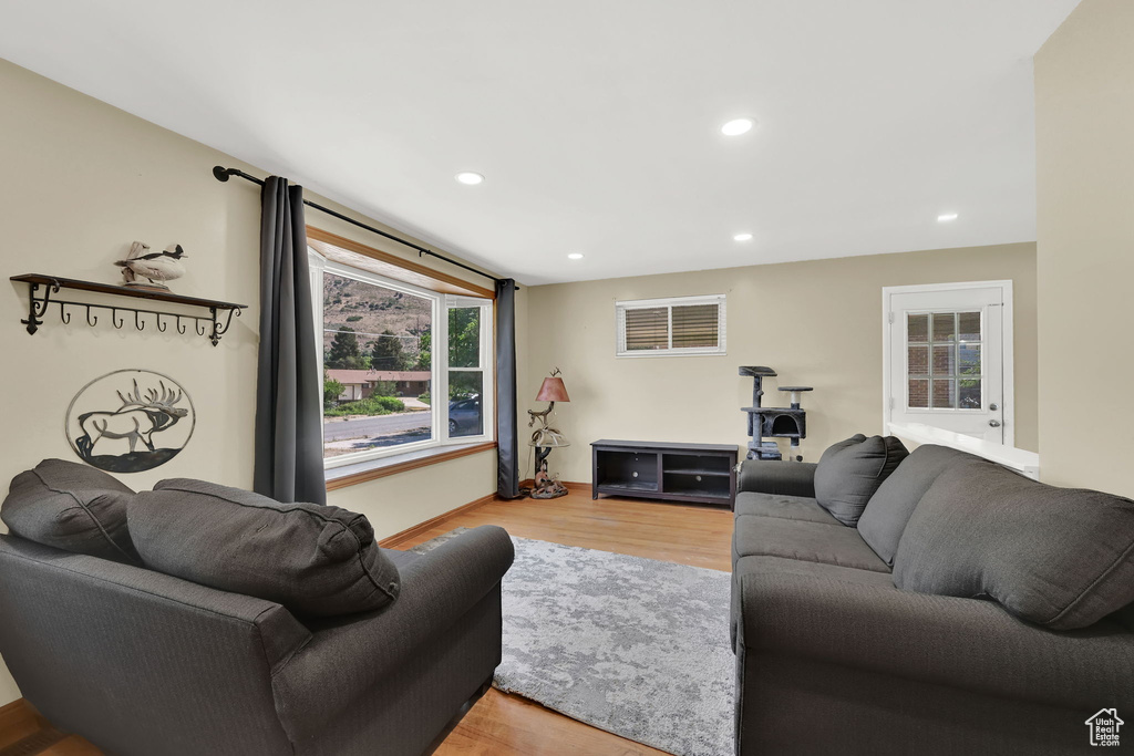 Living area with wood finished floors and recessed lighting