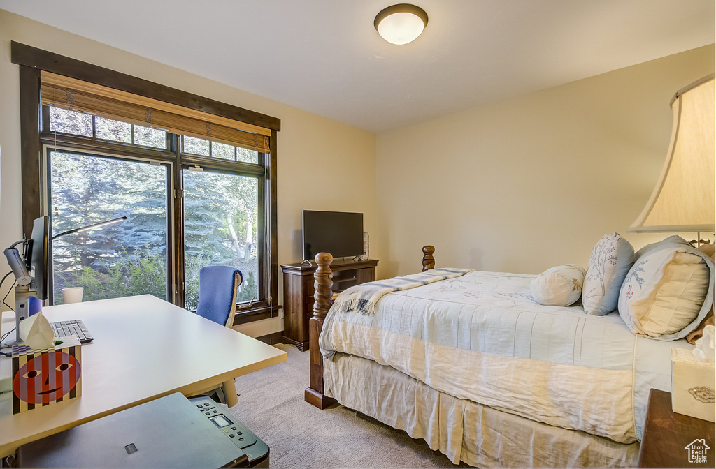 Bedroom with carpet flooring and an office area
