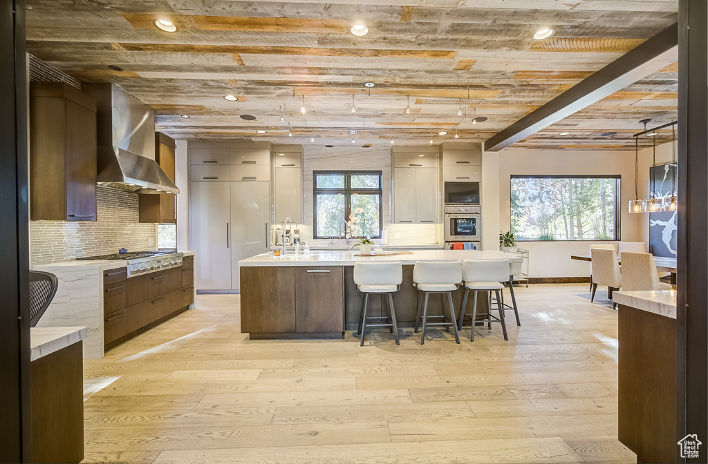 Kitchen featuring wall chimney exhaust hood, appliances with stainless steel finishes, modern cabinets, light wood finished floors, and light countertops