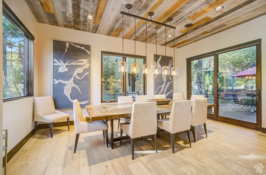 Dining room featuring wood ceiling, healthy amount of natural light, light wood-type flooring, and recessed lighting