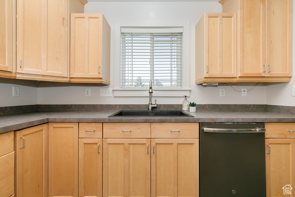 Kitchen featuring dishwasher, light brown cabinetry, and dark countertops