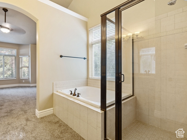 Bathroom featuring a shower stall, a garden tub, plenty of natural light, and ceiling fan