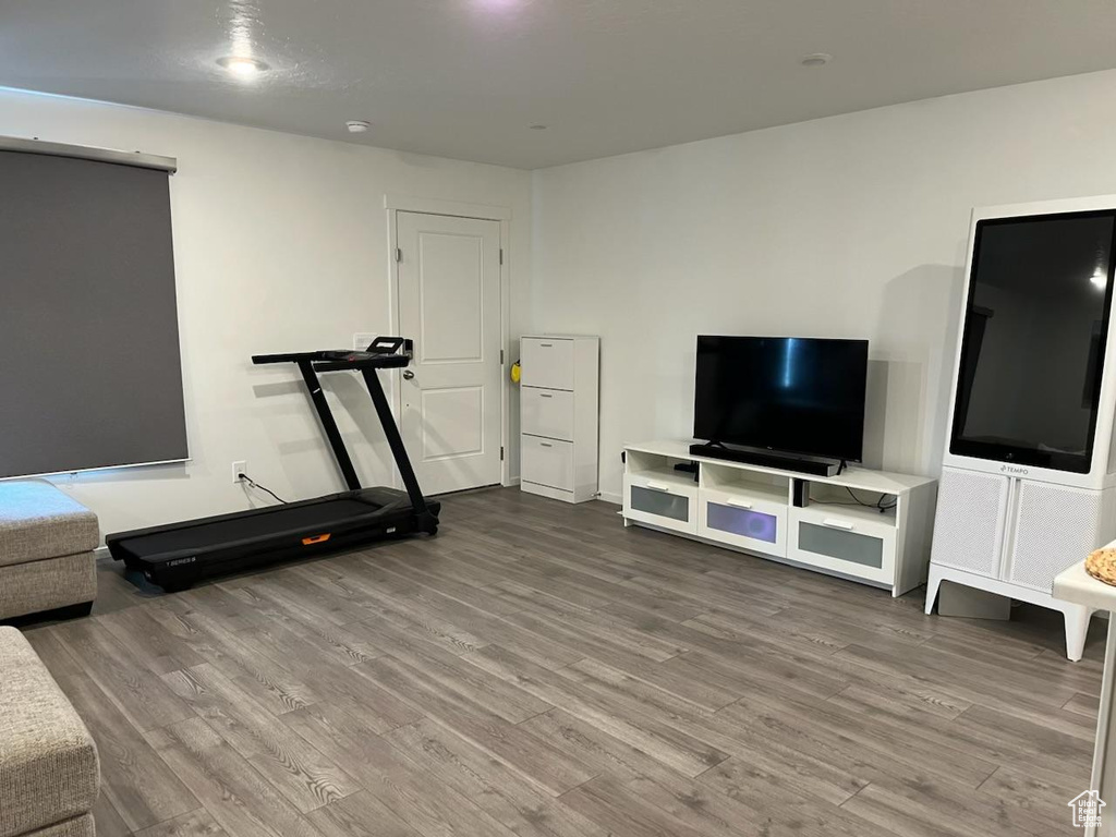Workout room featuring wood finished floors