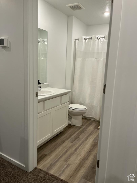 Bathroom featuring vanity, wood finished floors, and a shower with curtain