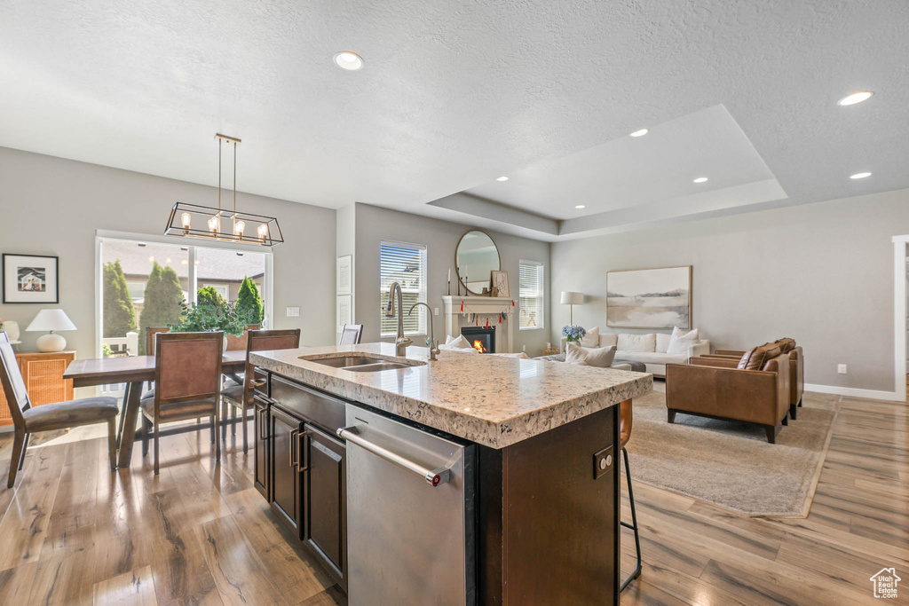 Kitchen with stainless steel dishwasher, light wood-type flooring, light countertops, a lit fireplace, and a kitchen island with sink