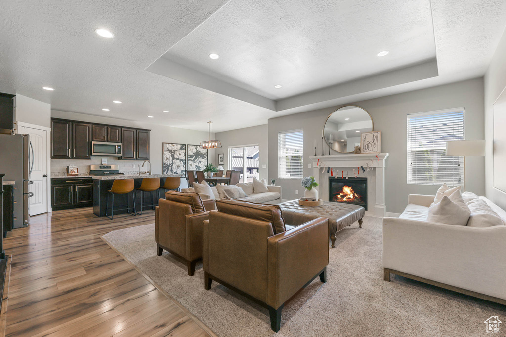 Living area with a textured ceiling, wood finished floors, recessed lighting, a raised ceiling, and a glass covered fireplace