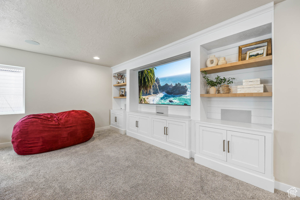 Sitting room with a textured ceiling, carpet, built in features, and recessed lighting