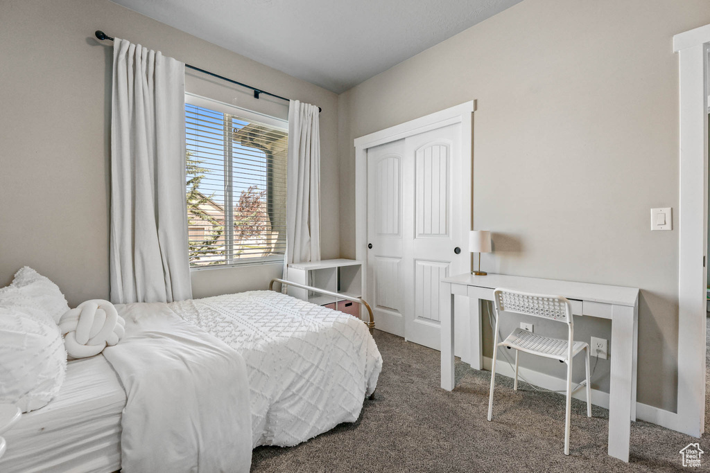 Carpeted bedroom with a closet and an office area