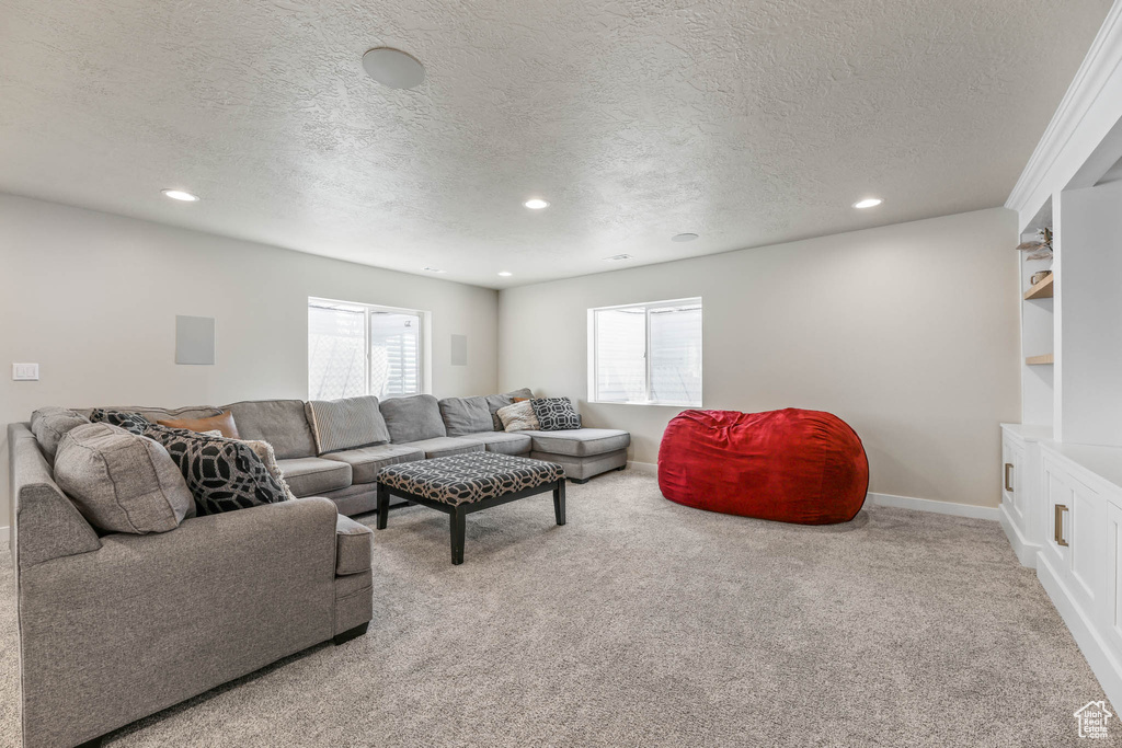 Living room with a textured ceiling, carpet floors, recessed lighting, and built in features