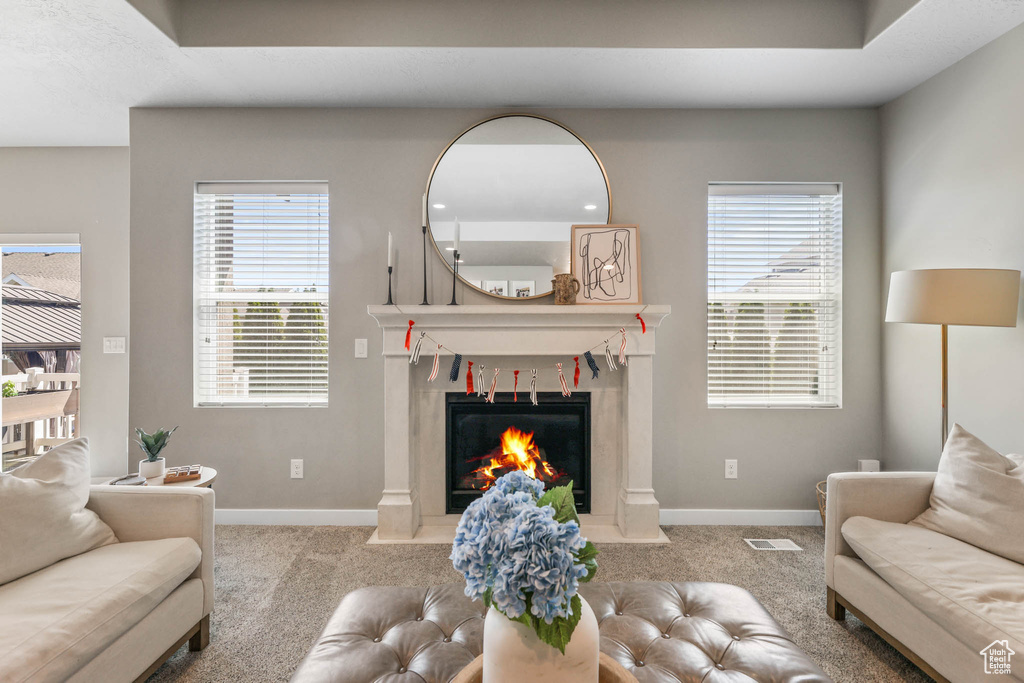 Carpeted living area with a premium fireplace and plenty of natural light