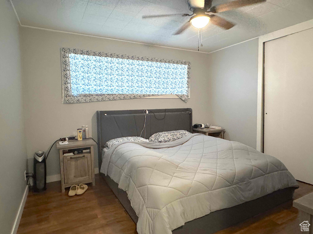 Bedroom featuring wood finished floors, a closet, and a ceiling fan