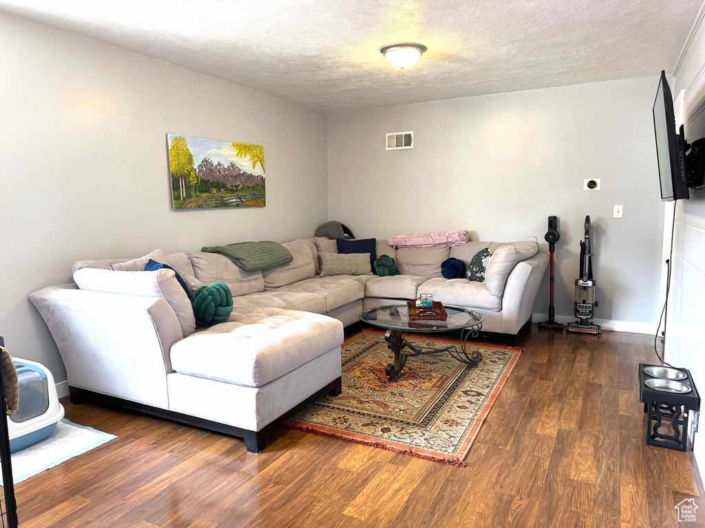 Living room featuring wood finished floors and a textured ceiling