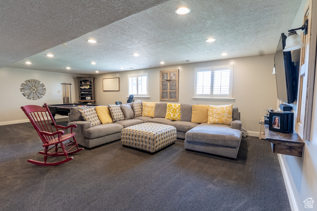 Living room featuring a textured ceiling, carpet, and recessed lighting