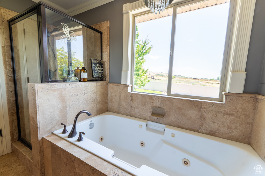 Full bathroom with a tub with jets, a shower stall, a chandelier, and crown molding