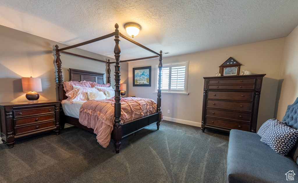 Bedroom with a textured ceiling and dark carpet