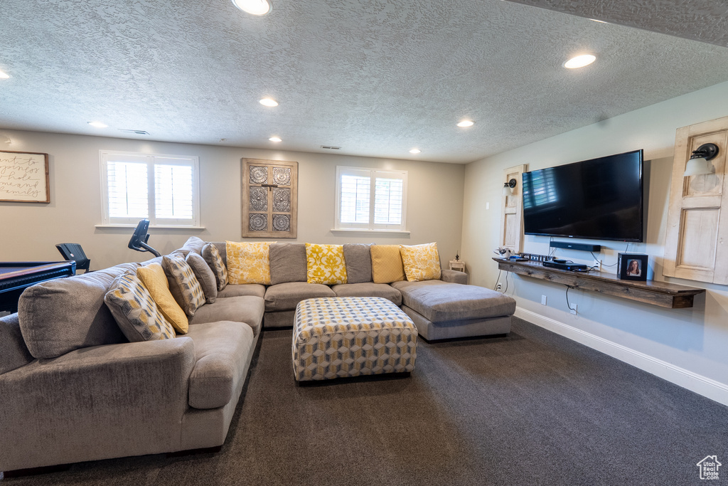 Carpeted living area featuring a textured ceiling and recessed lighting