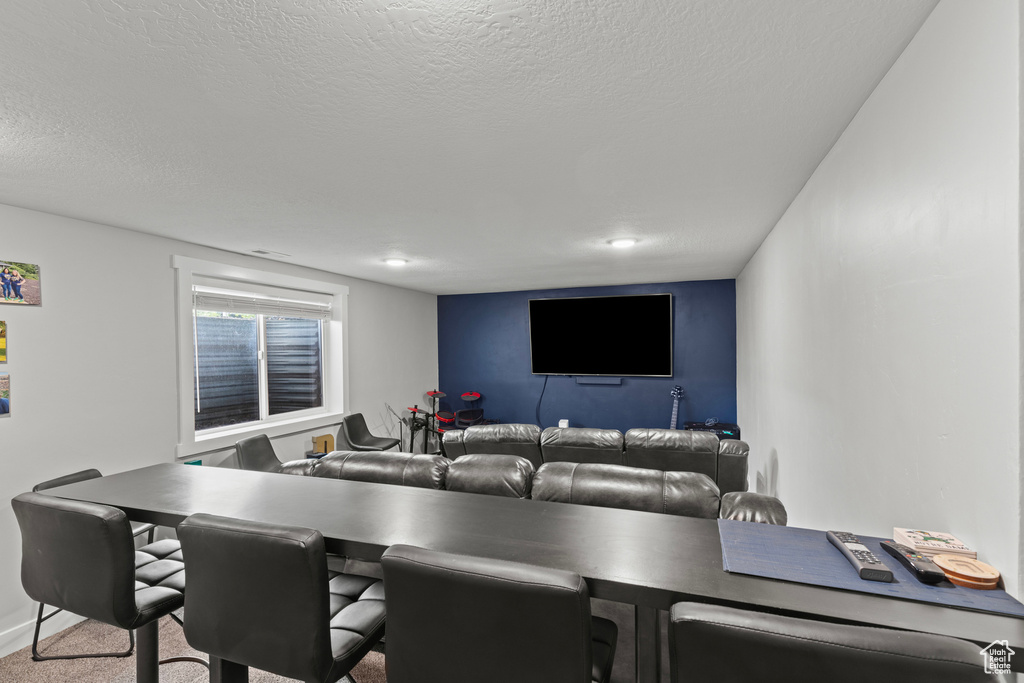 Living area with a textured ceiling and carpet