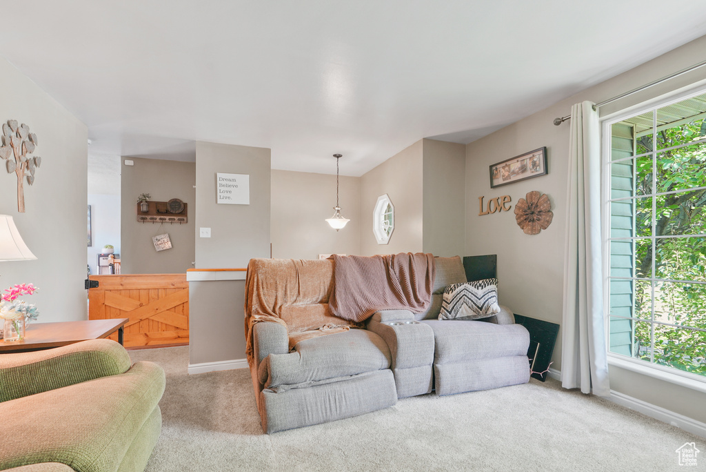 Carpeted living area with healthy amount of natural light