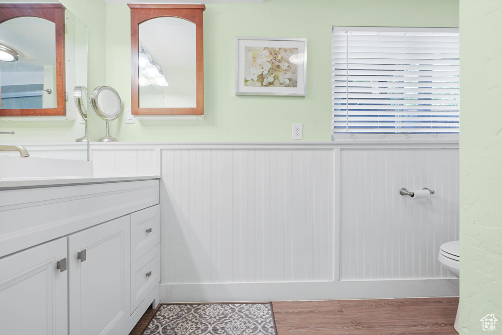 Bathroom with vanity, wood finished floors, and a wainscoted wall