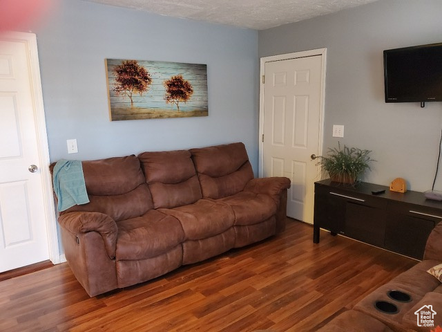 Living area with wood finished floors and a textured ceiling