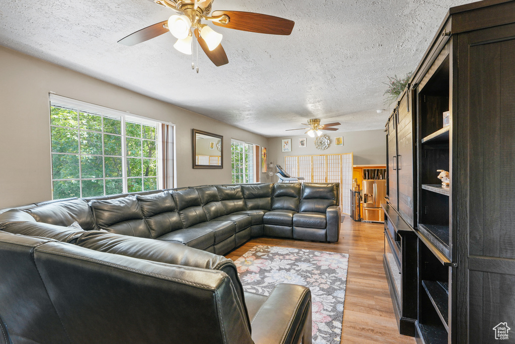Living room featuring a ceiling fan, a textured ceiling, and light wood finished floors