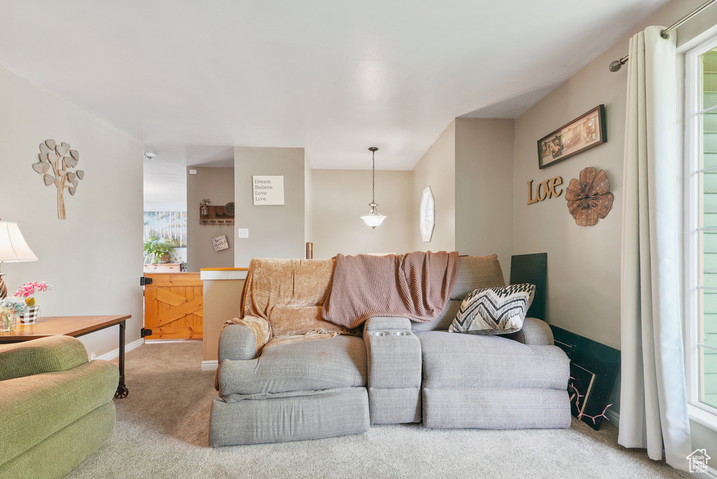 Carpeted living room featuring baseboards