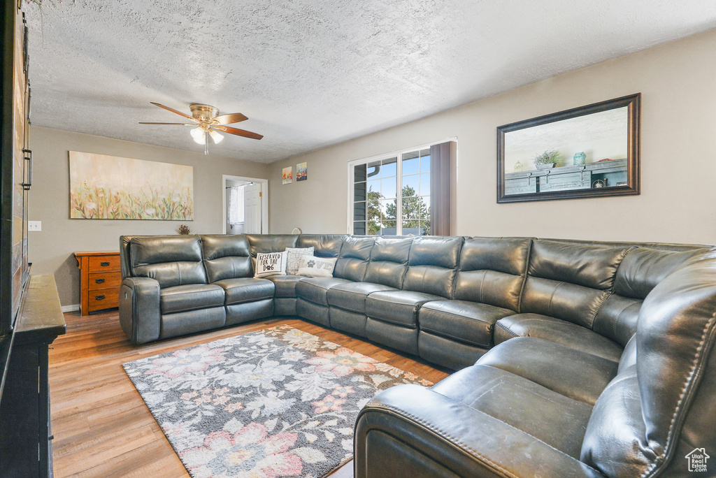 Living area with ceiling fan, light wood-style flooring, and a textured ceiling