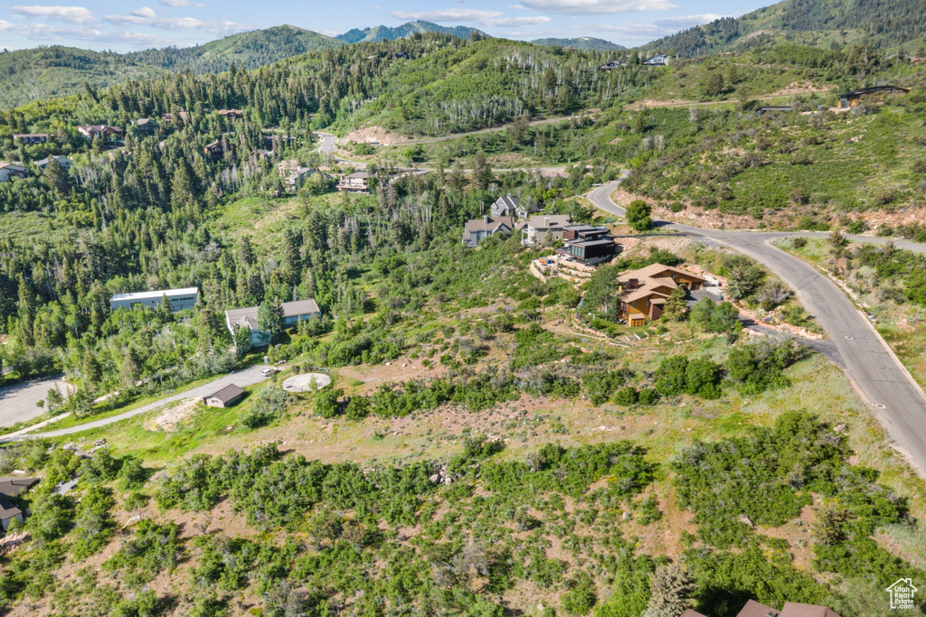 Aerial overview of property's location featuring mountains and a forest
