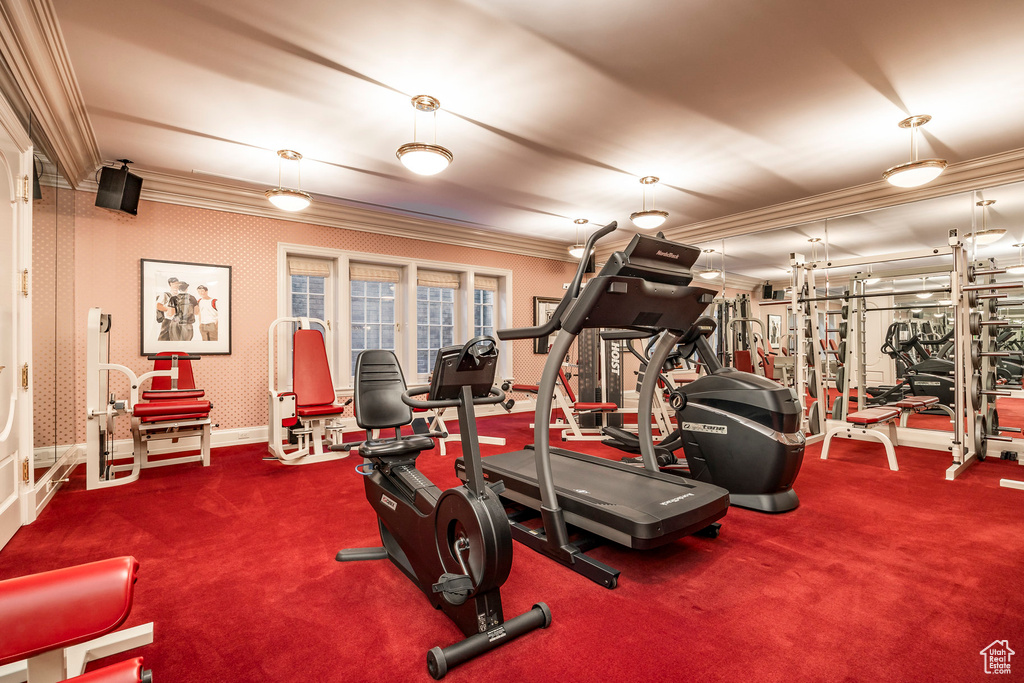Workout area with ornamental molding and carpet floors