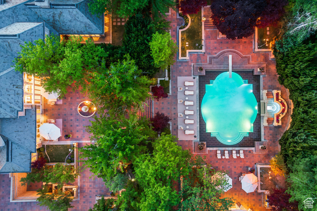 Drone / aerial view of a pool area