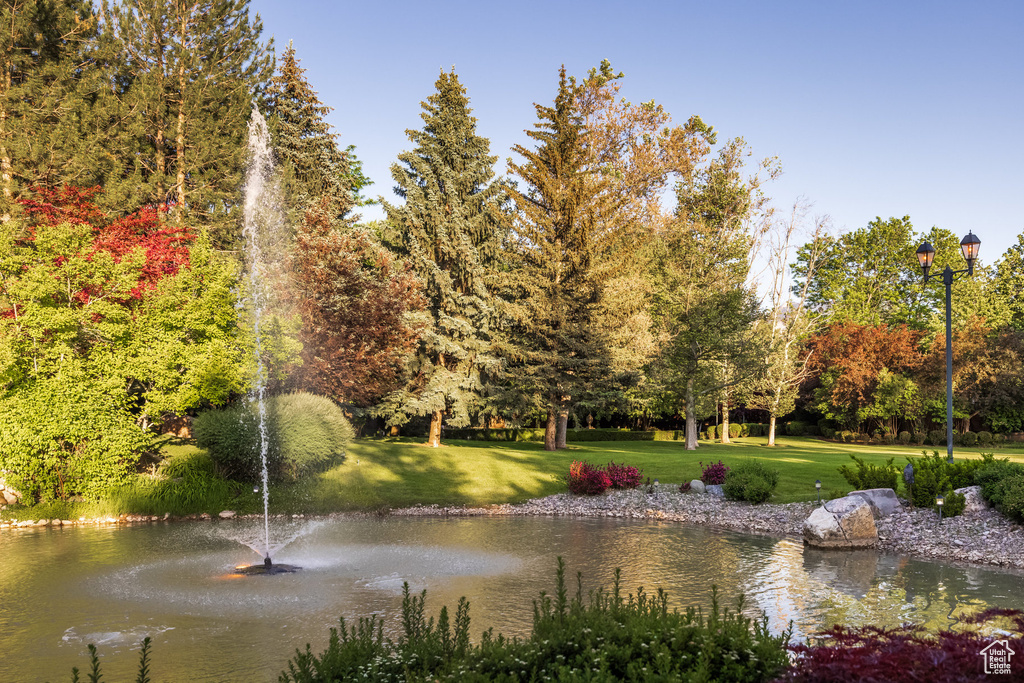 View of community featuring a lawn and a water view