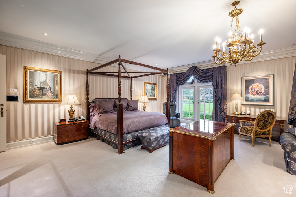 Bedroom with crown molding, a chandelier, light carpet, and wallpapered walls
