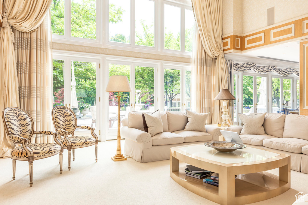 Living area featuring a towering ceiling, healthy amount of natural light, and carpet floors