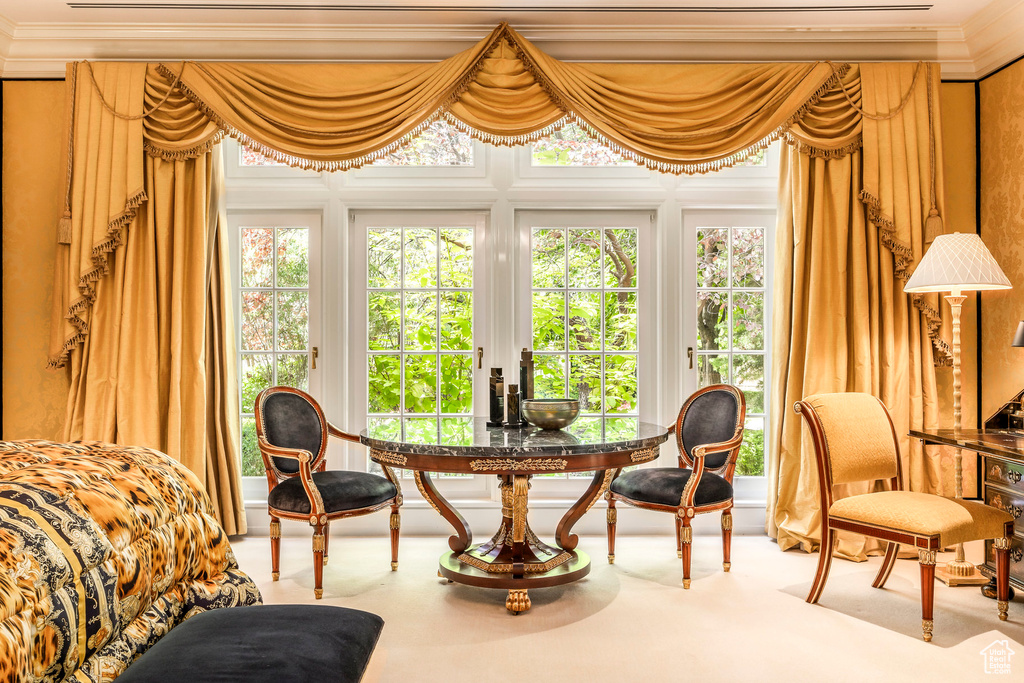 Living area with ornamental molding, carpet flooring, and plenty of natural light