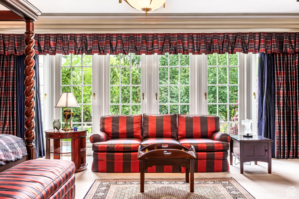 Carpeted living room featuring ornamental molding
